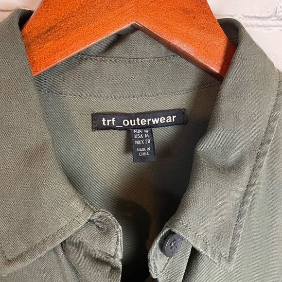 ZARA Trafaluc TRF Olive Khaki Oversized Shirt Dress w/ Frill Ruffle M - Picture 8 of 13